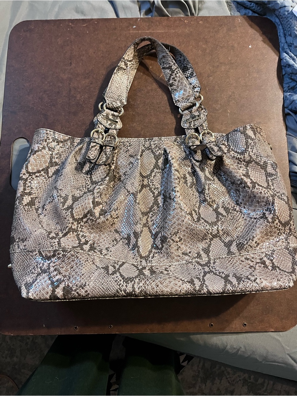 Jessica Simpson LG Faux Snakeskin Hobo Shoulder Bag Brown Beige
